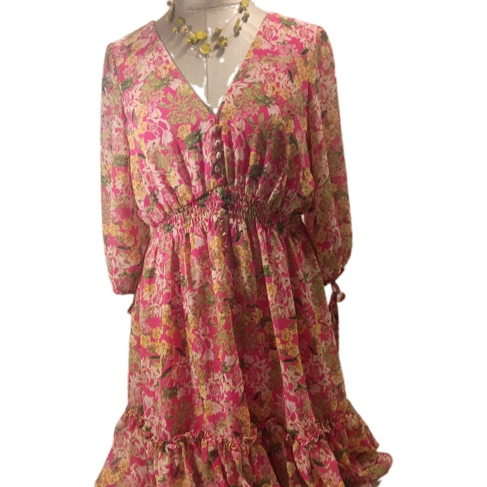 Taylor Floral Chiffon Dress Women's Medium Pink Smocked Ruffle Hem Trendy Party
